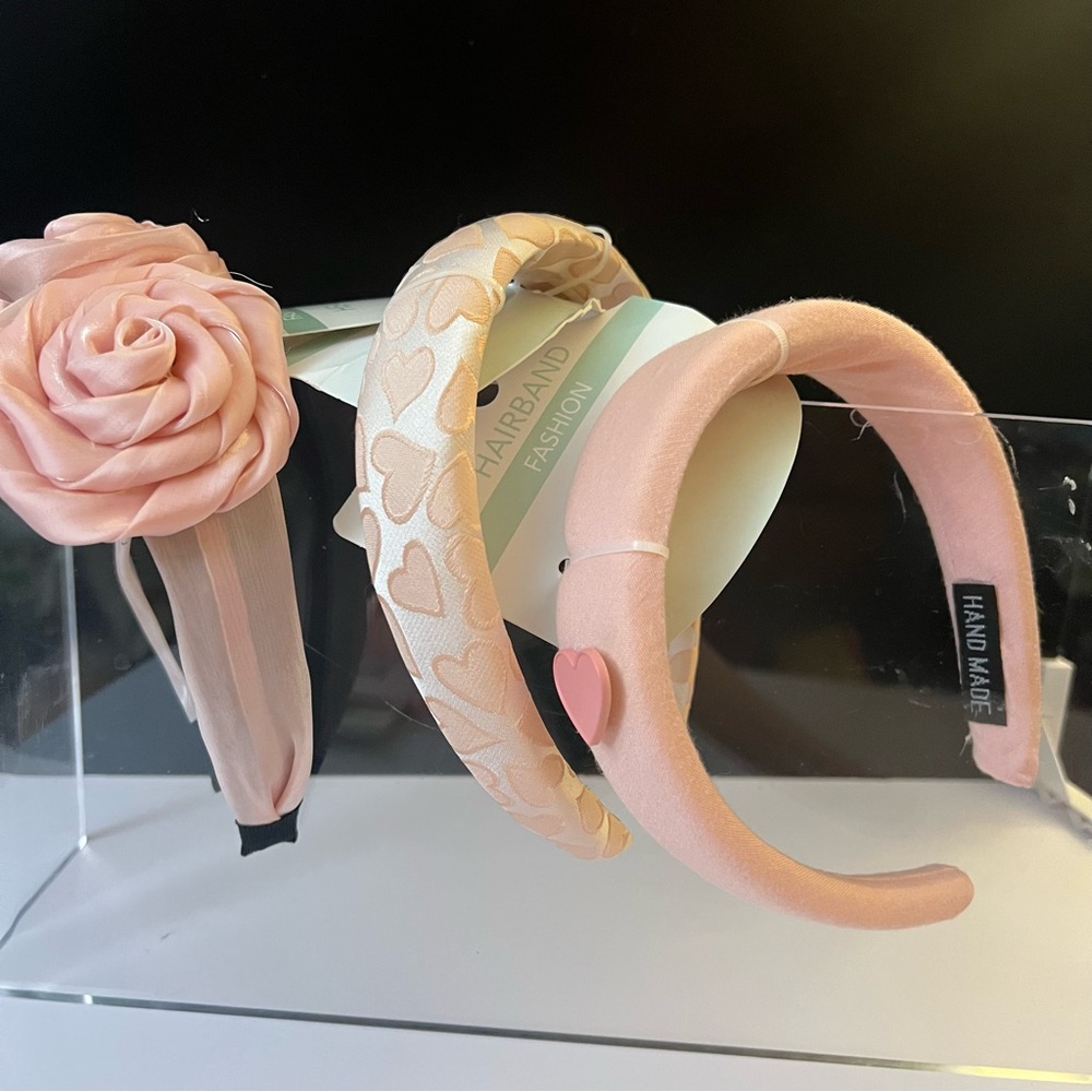 🆕Set of 4 Pink Hair Accessories – 3 Headbands & Satin Rhinestone Scrunchie